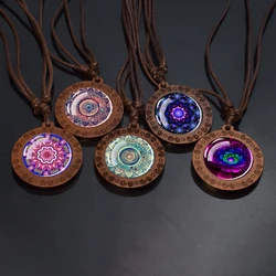 Mandala Necklaces Datura Flower of Life Vintage Wooden Pendant Rope Chains Necklace Men Women Buddhist Meditation Jewelry Gift