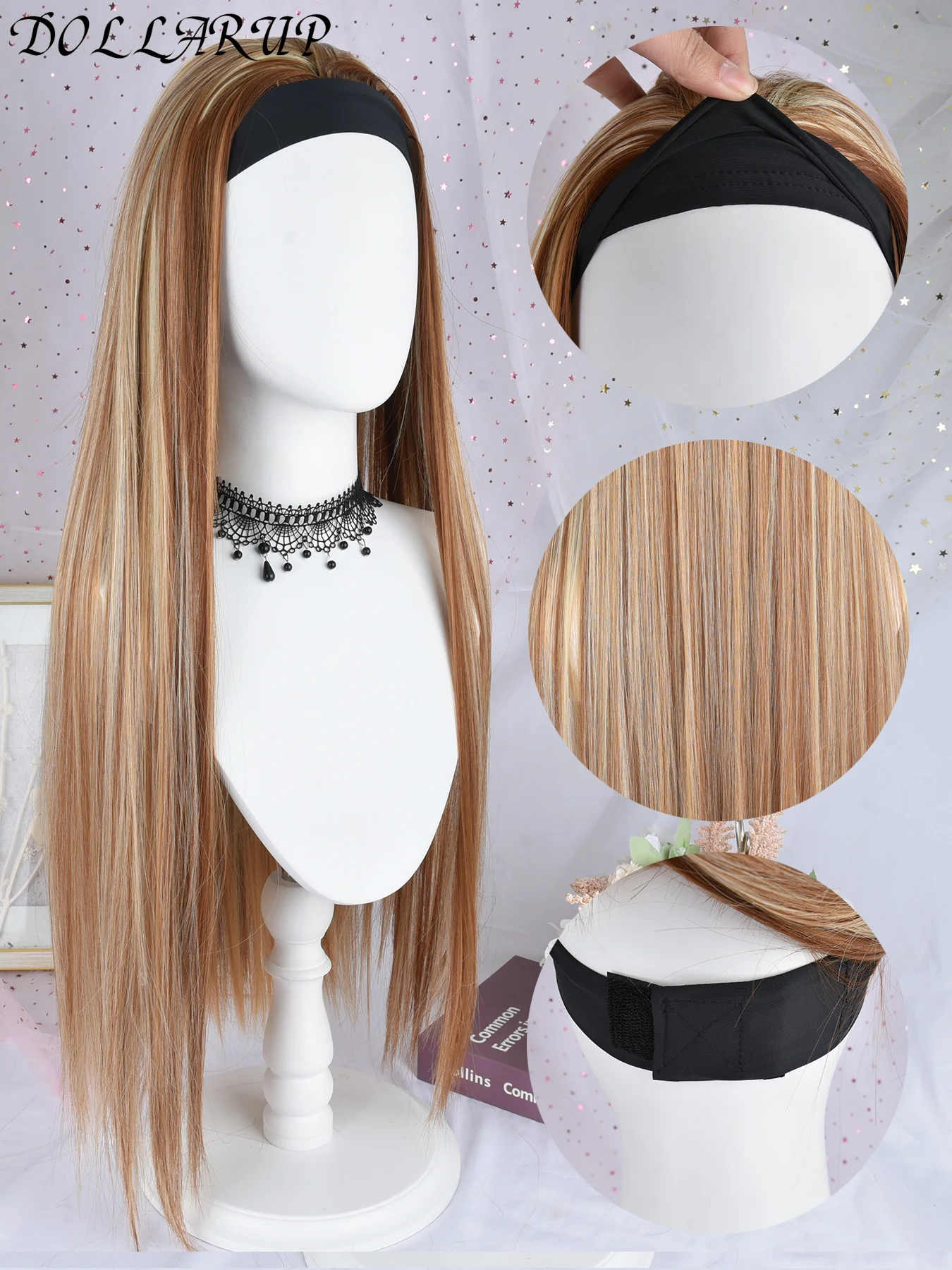 Pelucas de diadema con reflejos negros y marrones de síntesis para mujeres negras, pelo largo y liso con cuerpo de 32 "con diadema adjunta de aspecto Natural