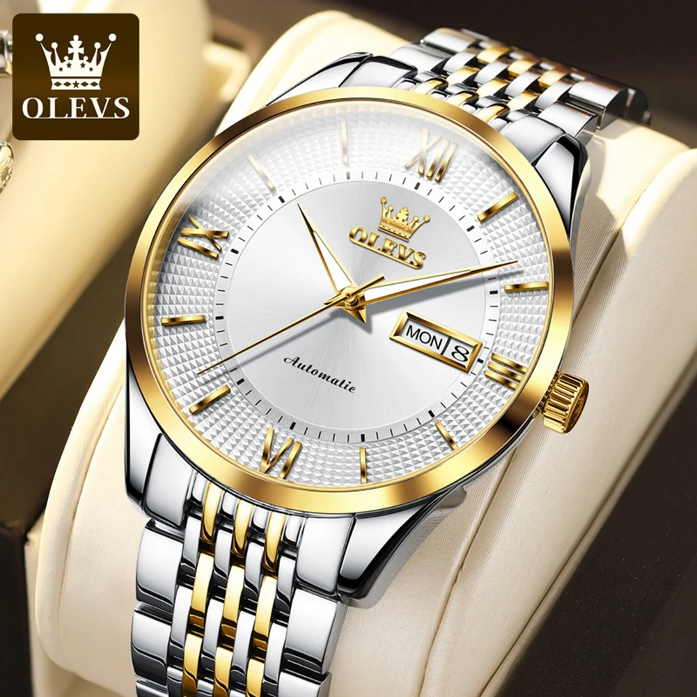 OLEVS 6657 Mechanical Business Watch Gift Stainless Steel Watchband Round-dial Wristwatch Week Display Calendar Luminous