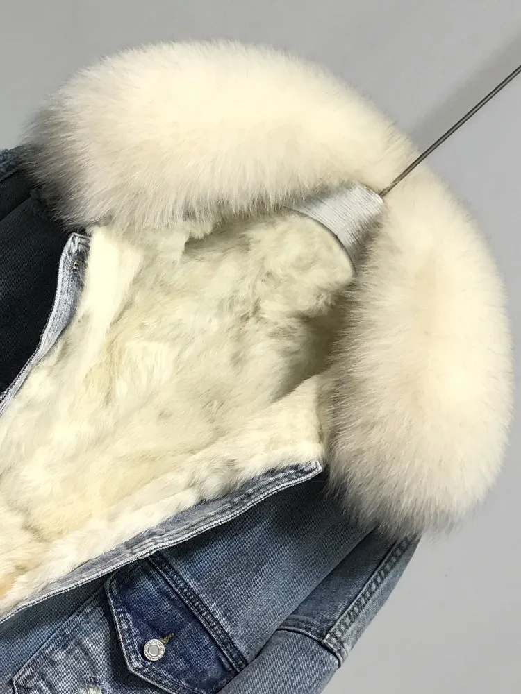 Winter Dikker Warme Vrouwen Vos Bontkraag Single Breasted Jas Wollen Voering Denim Bovenkleding Brede Taille Mid Lengte Vrouwelijke Jas