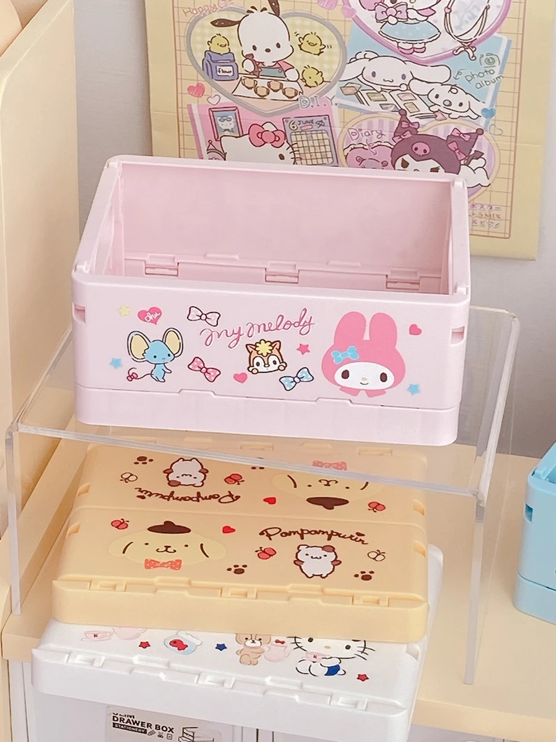 Kawaii Creative Sanrio Folding Storage Box Cute Kuromi Melody Cinnamoroll Cartoon Anime Peripheral Stackable Box Girls Gift