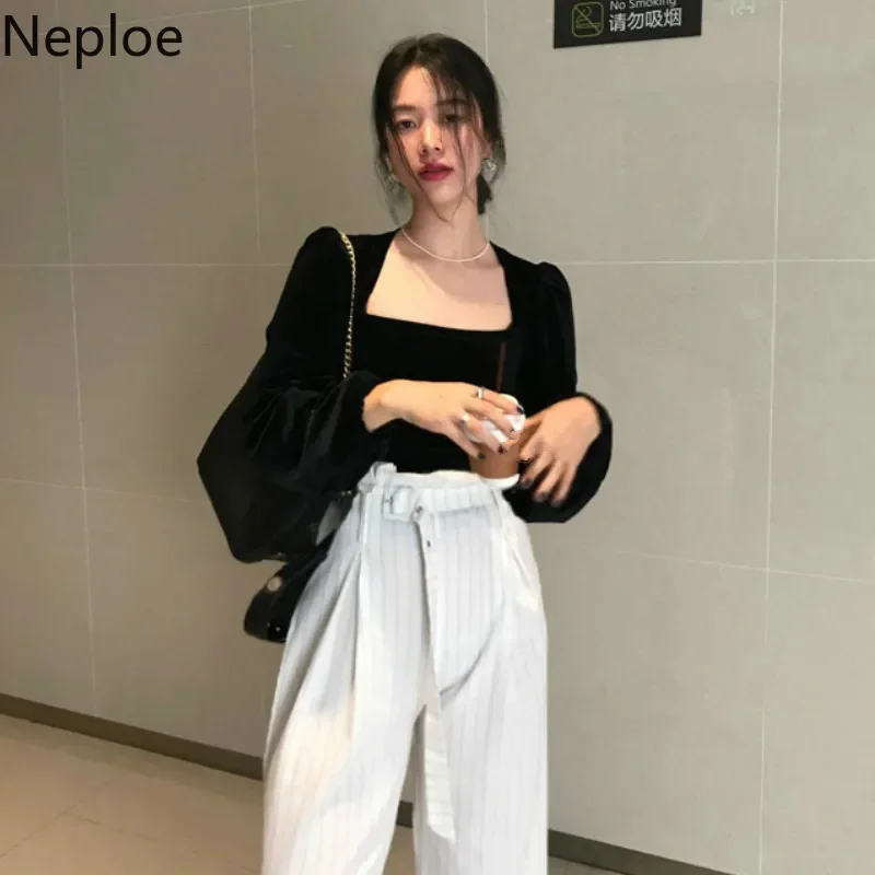 Neploe Retro Gold Velet Square Collar Puff Long Sleeve Short T Shirt Solid Slim Fit Temperament Autumn Spring New Tee 2024