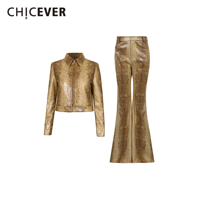 

CHICEVER коричневый комплект из двух предметов на молнии, женская куртка с лацканами и длинными рукавами, женские брюки-клеш в американском стиле ретро, модные новые комплекты