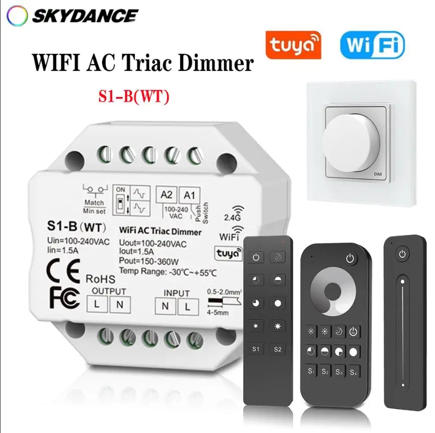 

(TUYA+WiFi) LED Dimmer S1-B(WT) AC220V-110V Triac Dimmer Push Switch Wireless 2.4G RF Remote Control