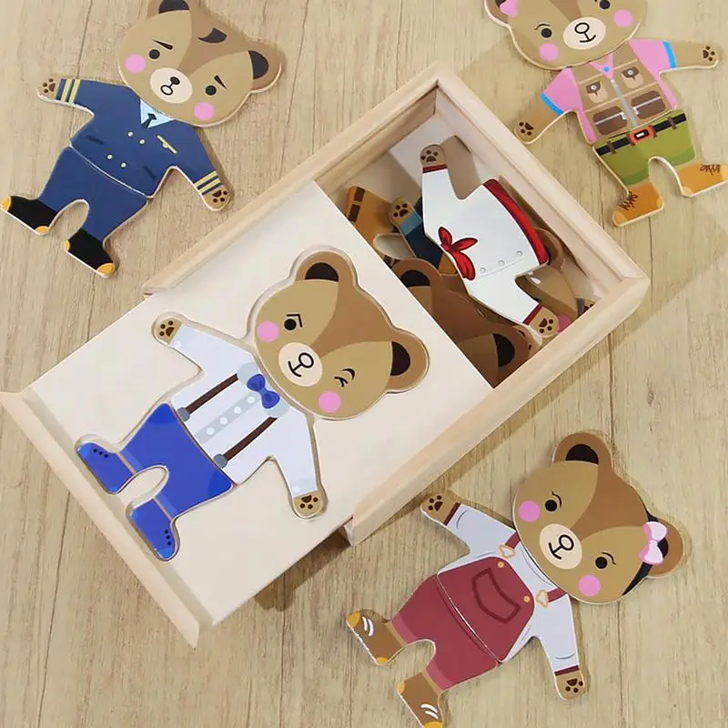 Bear Dress Up Puzzle Kids Early Educational Toys Wooden Sorting And Matching Jigsaw Puzzle Cognitive Change Clothes Play Set For