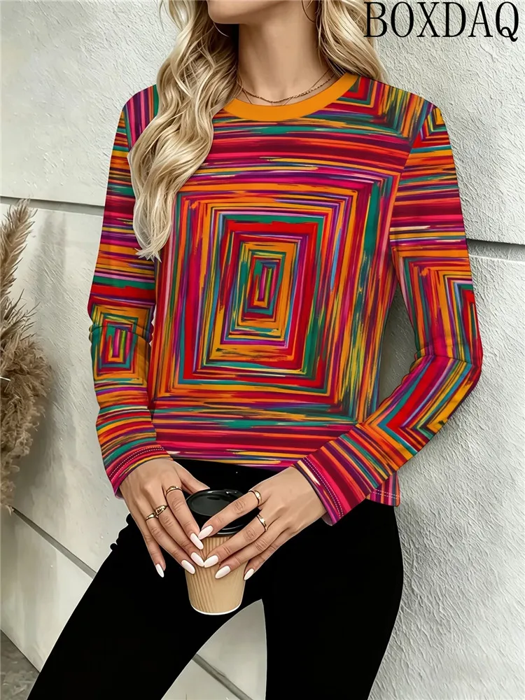 Long Sleeve Round Neck Casual T-shirt Fashion Women's Top 2026 Autumn Multicolored Geometry Abstract 3D Printed Women's T-shirts