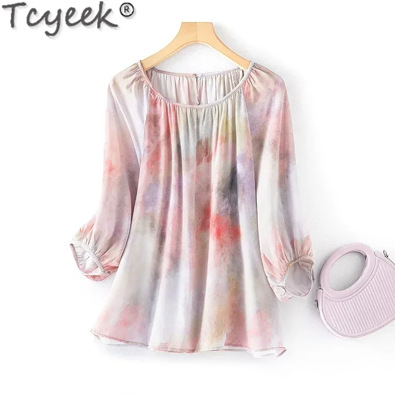 Tcyeek 100% Mulberry Silk T-shirt Women 2024 Elegant Female Blouses Summer Clothes Loose Fit Ladies Tops Printing Топ Женский