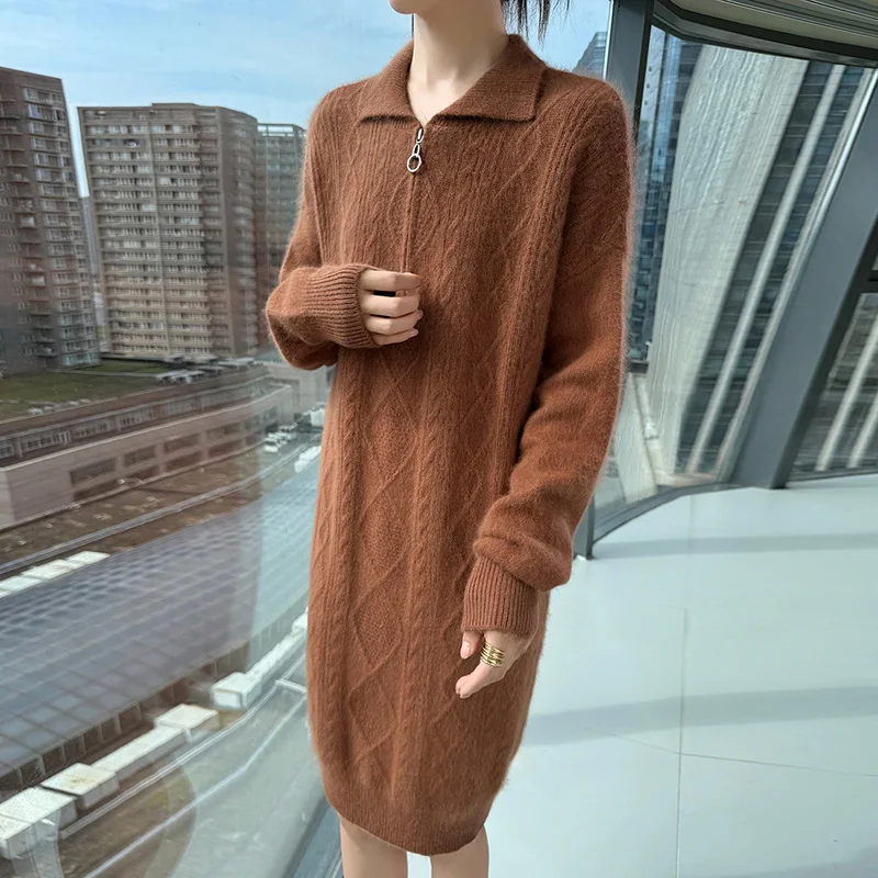 Outono e inverno saia de lã de vison senhoras lapela cor sólida zíper malha torcido pulôver solto casaco de fundo