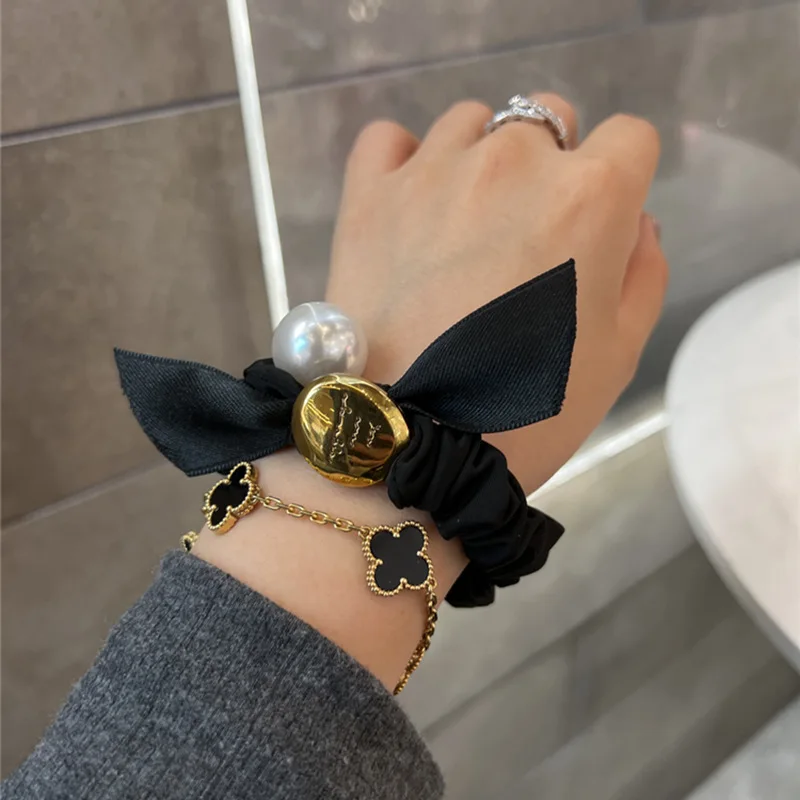 Korean Women Elegant Black Ribbon Bow Pearl Elastics Hair Band Girls Scrunchies Hair Ties Ladies Ponytail Hold Hair Accessories