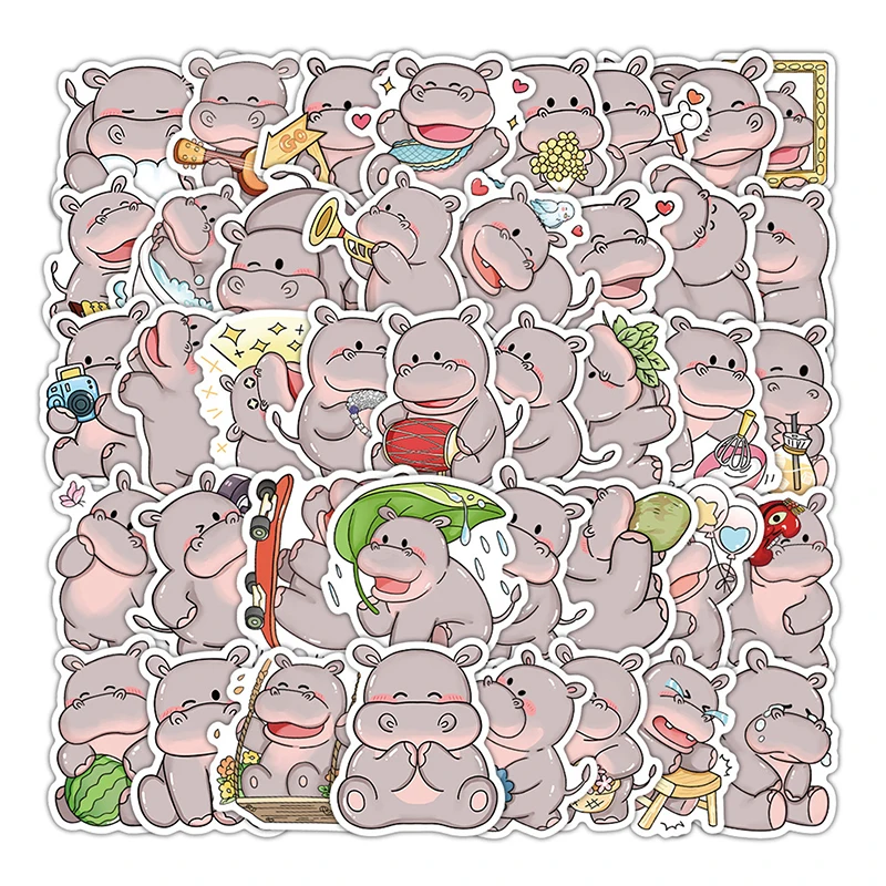 54PCS Kawaii Cute Animal Hippopotamus Stickers DIY Scrapbook Luggage Laptop Cartoon Decals Gifts For Kids Children