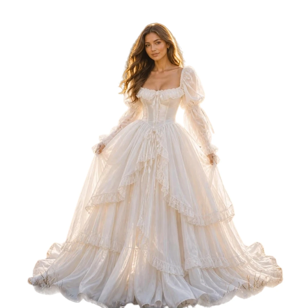 Renaissance Medieval Wedding Dress Square Neck Corset Ruffle Puff Long Sleeve Ball Gown Vintage Country Bridal Gown Customzied