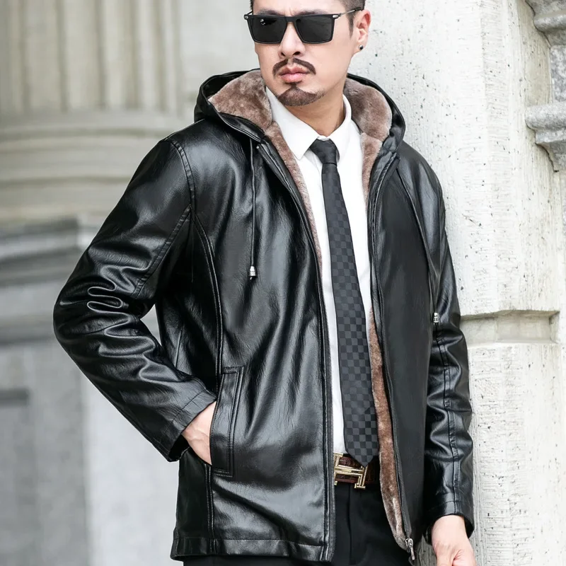 Chaqueta de piel de oveja con forro polar para hombre con capucha de invierno 2020 abrigo de cuero auténtico grueso cálido informal de negocios de China continental