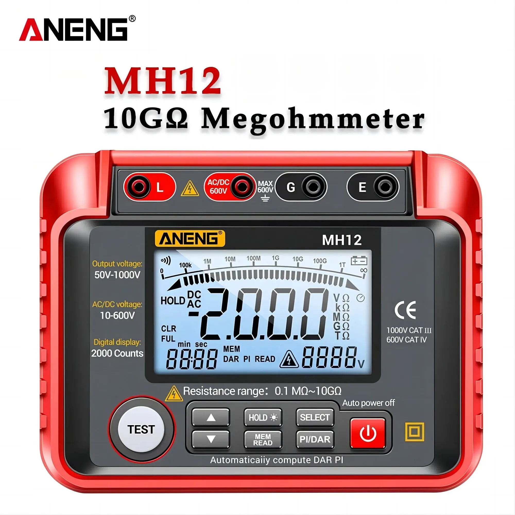 ANENG MH12 Megohmmetro digitale Metri Isolamento Misuratore di resistenza di terra Tester Cavo Voltmetro ad alta tensione Strumento misuratore di resistenza