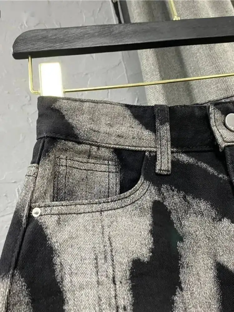 Grau Tie Dye Druck Mode Denim Mini Röcke Frauen Hohe Taille Taste Tasche A-line Jean Röcke Sexy Y2K Streetwear Y207