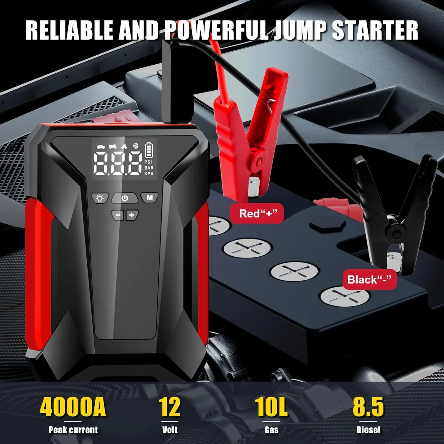 4000A Peak Jump Starterwith Air Compressor, 12V Portable CarBattery ChargerJump Box and Jump Cables 10L Gas 8.5L Diesel(DLS-J16)