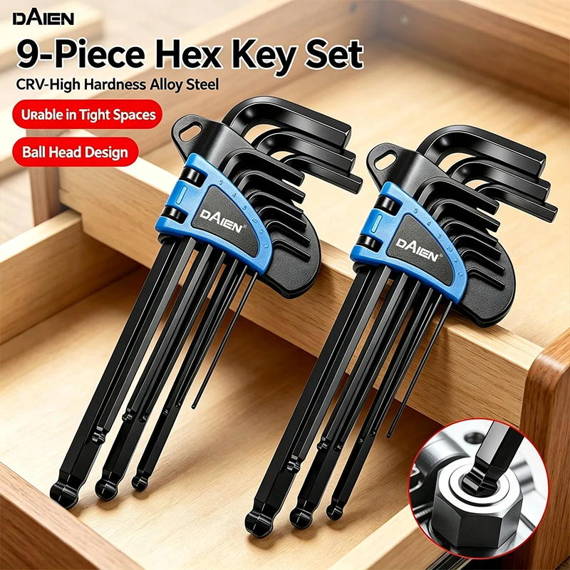 9Pcs Hex Key Set Ball End Allen Wrench CR‑V Steel 1.5‑10mm L‑Shape Hexagon Spanner Hand Repair Tool