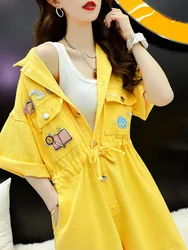 Denim Jumpsuits Loose Korean Style Casual Short Sleeve Playsuits One Piece Outfits Women Clothing Lace-up Waisted Wide Leg Pants