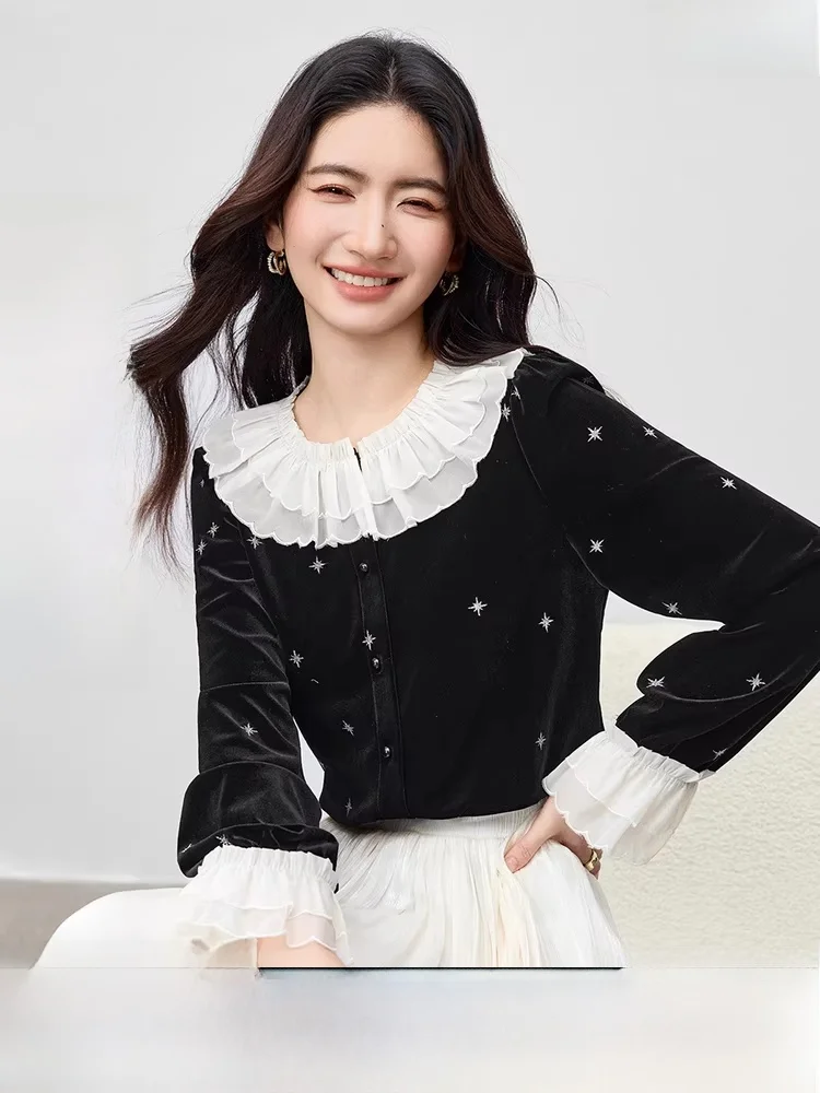 

Velvet Snowflake Patterned round Ne irt for Women Silver Heat Transfer Print Double Layer Flounce Hem Commute Sle Regul...