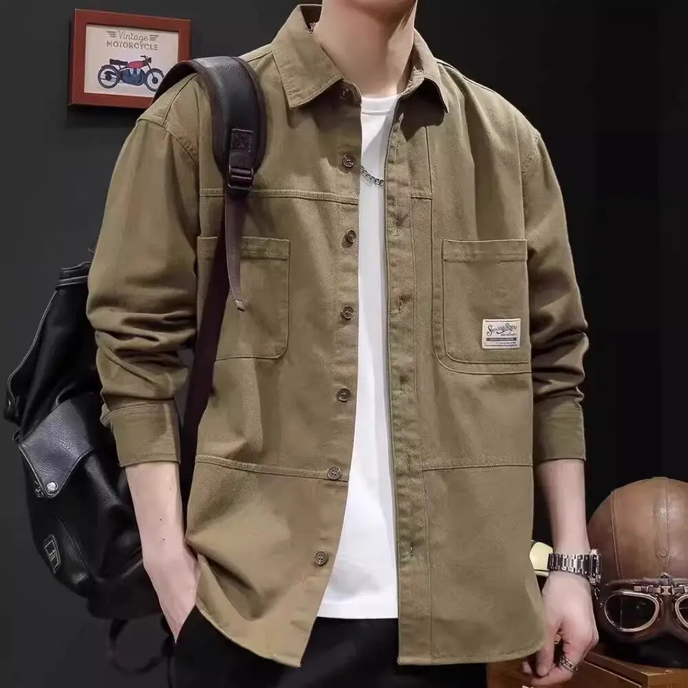 

Wear-Resistant Casual Long Sve Work irt Men's Loose Fit Dirt-Resistant Spring Autumn Wear for Boys Faionable Outer Jaet