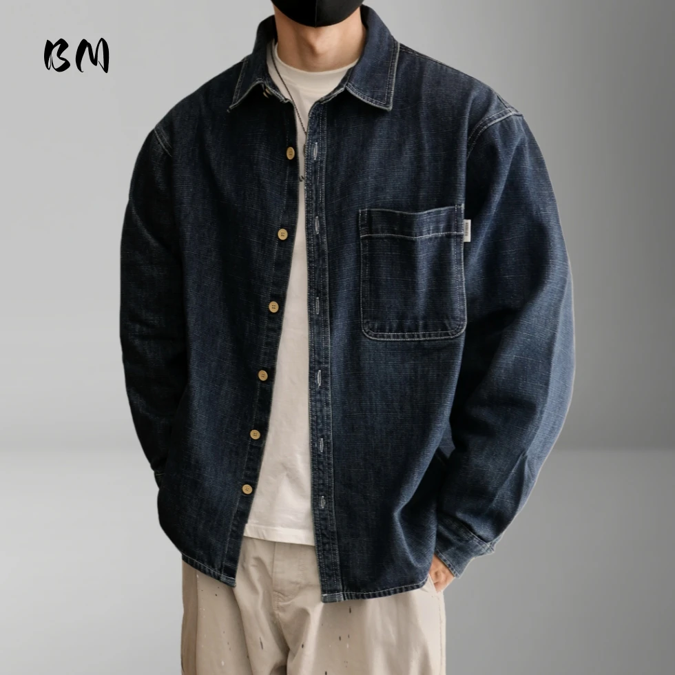メンズ 日本製 ヴィンテージ 高品質 デニムシャツ ヘビーウェイト ウォッシュドブルー オーバーサイズ カジュアル 長袖 ワークウェア ストリートウェア トレンド