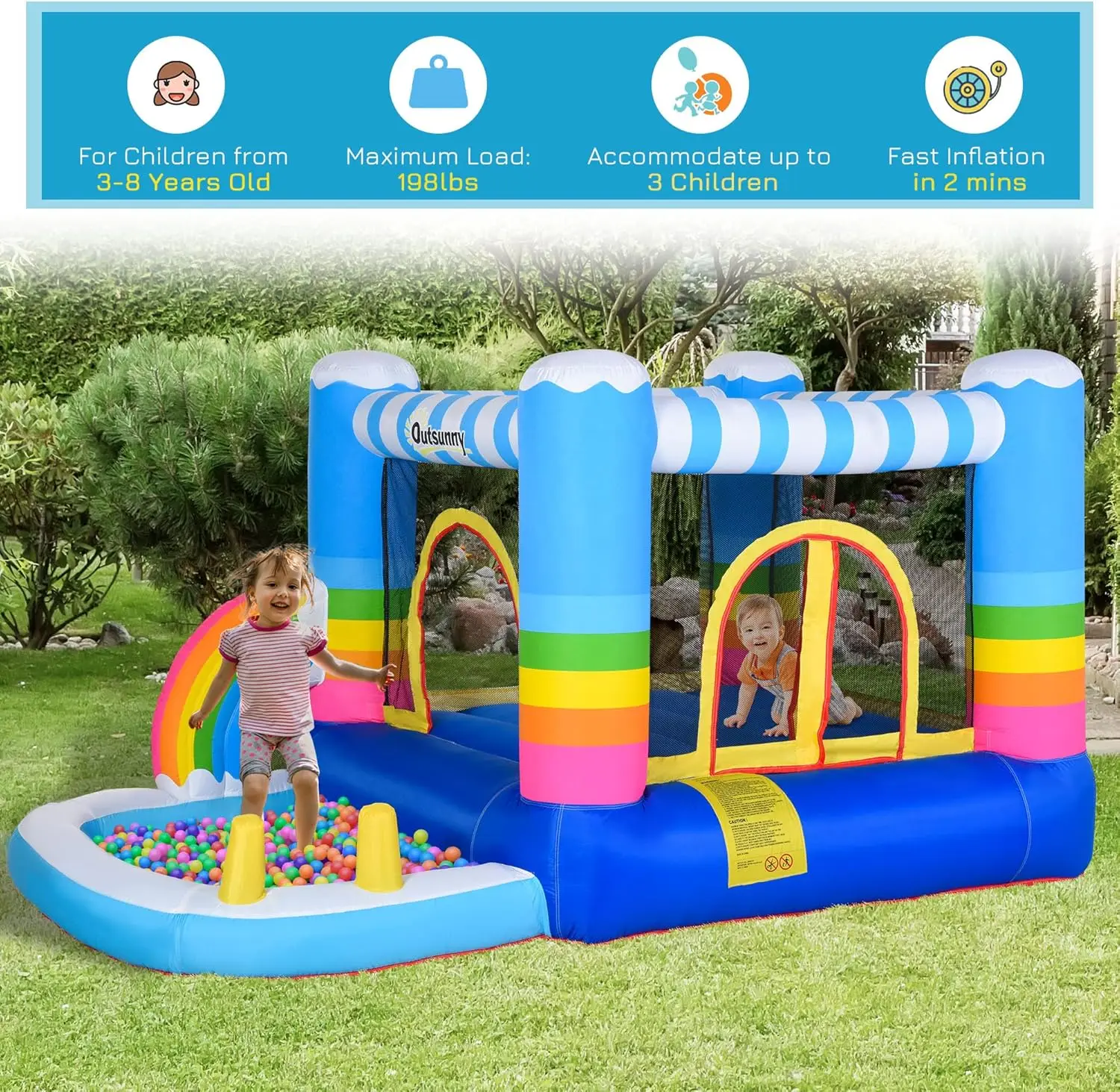 Casa di rimbalzo gonfiabile per bambini Castello di salto 2 in 1 per feste all'aperto al coperto con trampolino, piscina, borsa per il trasporto e ventilatore d'aria