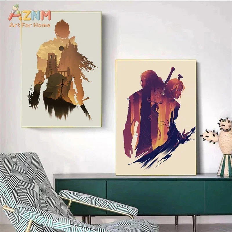 AZNM The Witcher Game Canvas Wall Art Geralt Yennefer Ciri Sunset Castle Silhouette Fantasy Illustration Unframed Canvas Decor P