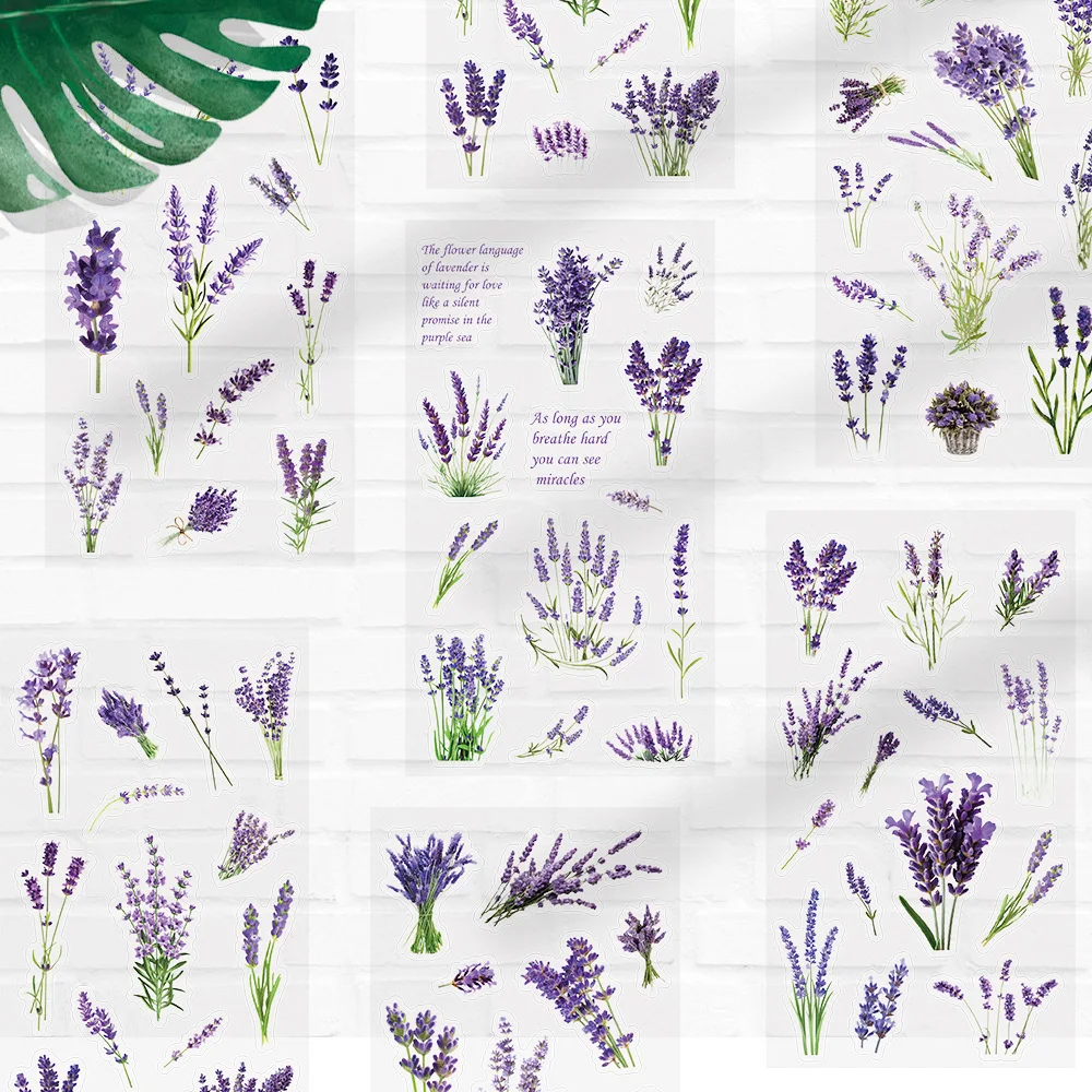 6Pcs Plant Lavender Flower Stickers Booklet Tablet Diary Laptop Helmet Water Bottles Decor Stickers PET PVC Sticker Pack