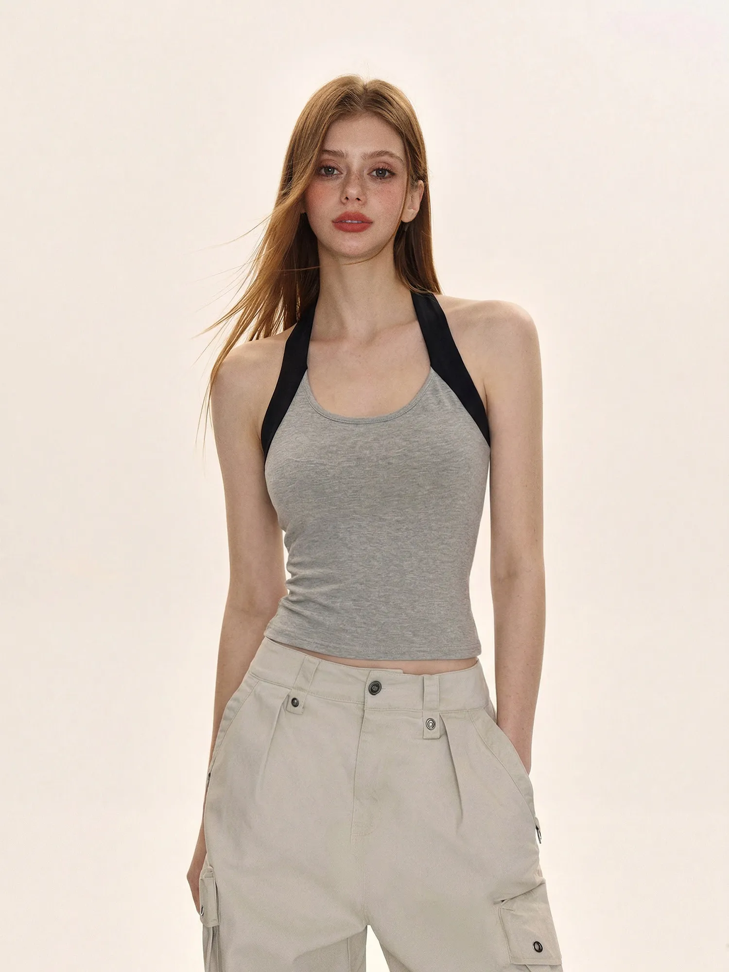 

Sport American Fake Two-piece Suspender Women's Summer Casual Retro Neck Top Spice Girl Style Backless Small Vest