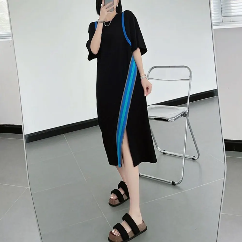 Plus Size 6XL 140KG Summer Long Split Dress Solid Color Women Striped Dress Loose Short Sleeve Maxi Dress