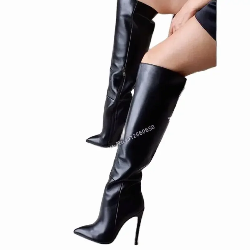 Moraima Snc 솔리드 포인티드 토 매트 가죽 부츠 여성용 무릎 높이 부츠 사이드 지퍼 스틸레토 하이힐 Zapatillas Mujer