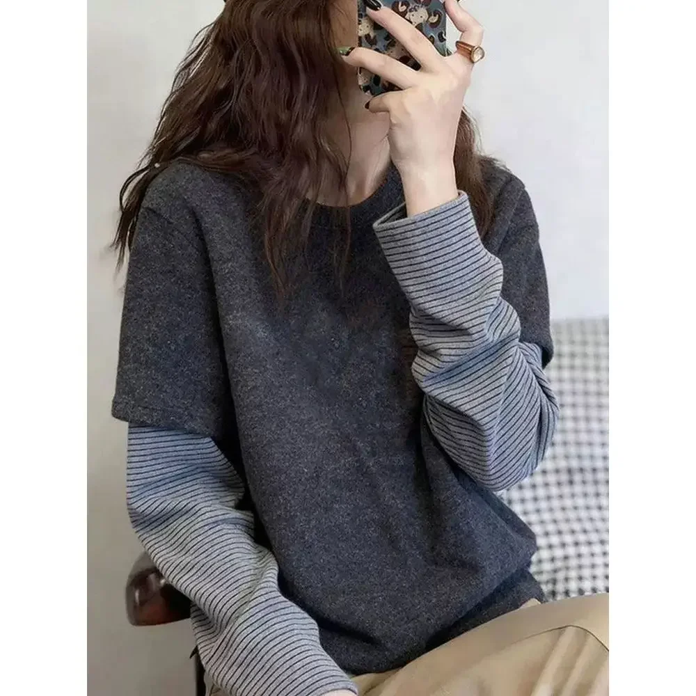 Korean Style Long Sleeve T-Shirt Women's Striped Splice Base Layer Shirt Spring Autumn Commute Casual Loose Fit Polyester