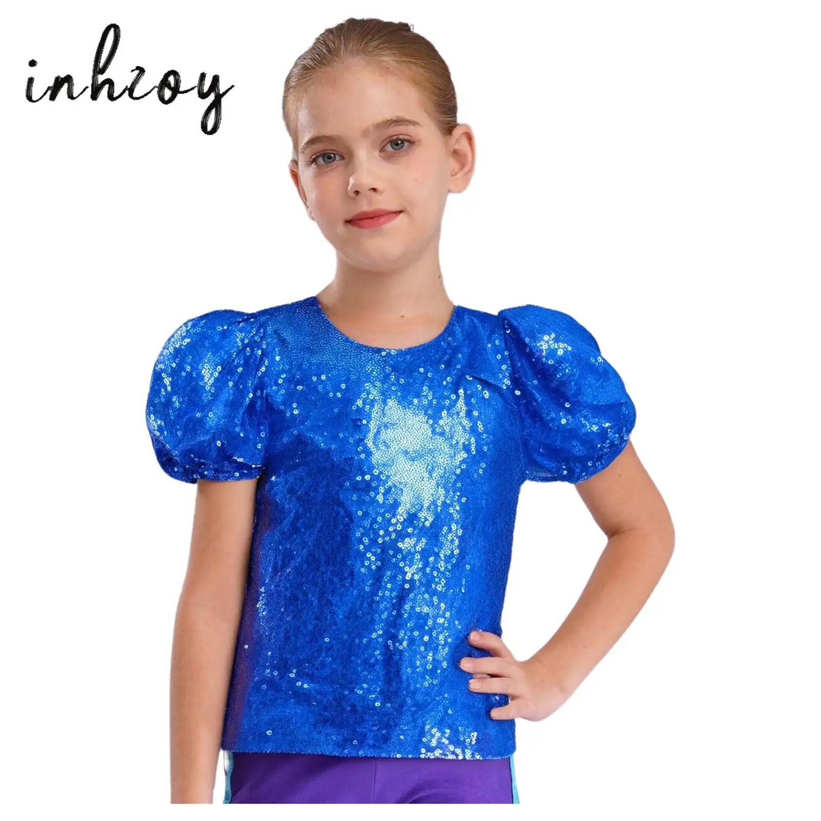 

Kids Girls Shirt Shiny Sequins Short Puff Sleeves Top for Party Disco Jazz Dance Cheerleading Performance Competition Dancewear