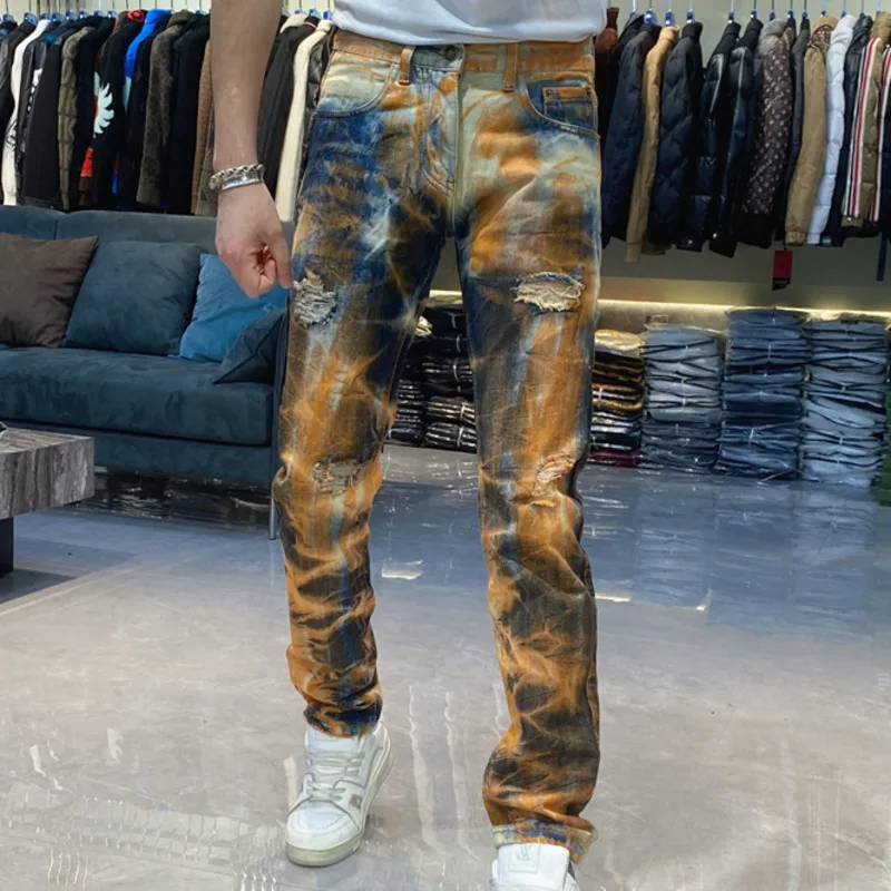 Casual Slim Fit Ripped Trousers Jeans For Men High Street Orange Paint Jeans Men Skinny Jean Fashion Party Pantalones Streetwear