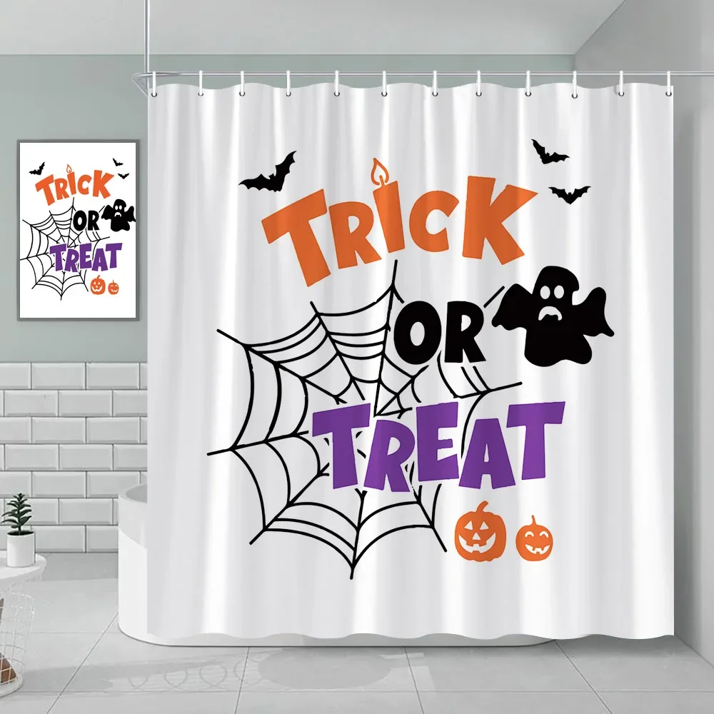 Halloween Shower Curtain, Fall Pumpkin Harvest Witch Spooky Spider Trick or Treat Mid-Century Modern Lines Bathroom Decoration