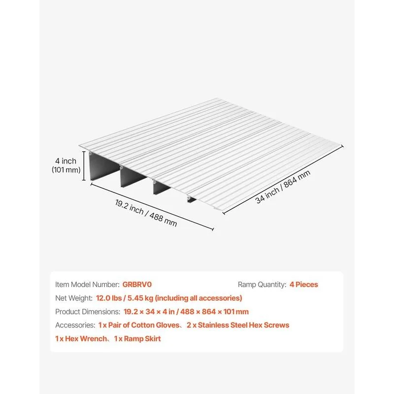 Door Threshold Ramp, 4 inch Rise, Aluminum Alloy Threshold Ramp Rated 800 lbs Load Capacity, Handicap Ramps for Home Steps for Wheelchair, Scooters, Power Chairs, Walkers, Bicycle, Tricycle