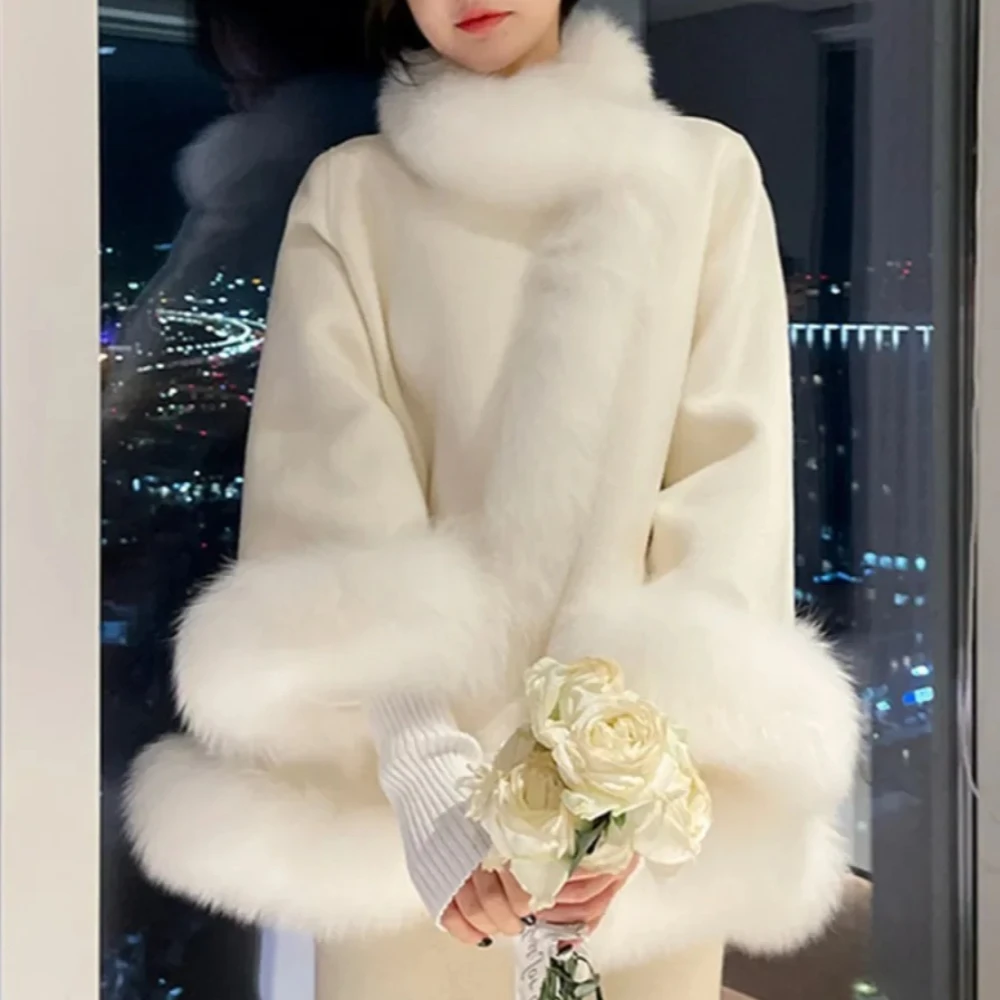 Elegant Real Fox Fur Collar and Cuff Casual Outerwear Women Autumn Long Sleeve Fox Fur Double Side White Woolen Cape Cloak Coat