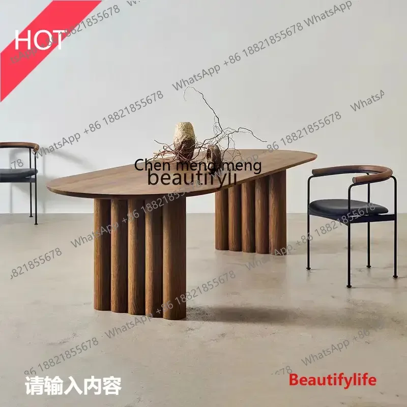 

cn8350 ss Medieval style log dining table living room simple solid wood desk designer oval negotiation table