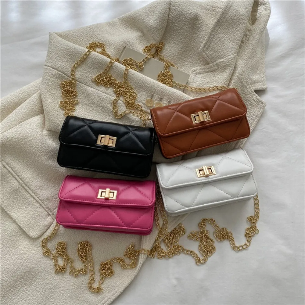 High Quality Casual Chain Pure Color Small Square Bag Metal PU Messenger Bag Simple Casual Trendy Crossbody Bag