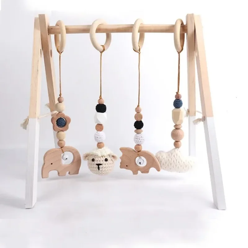 4Pcs Wooden Baby Toys Wooden Beech Activity Gym Frame Stroller Hanging Pendants Toys Teether Ring Nursing Rattle Toys Room Decor