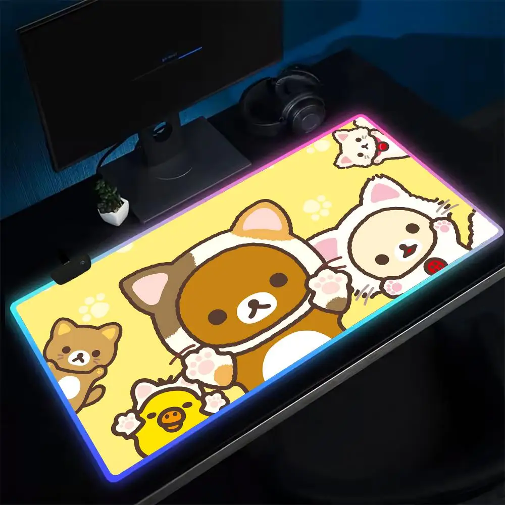 

Cute Bear R-Rilakkuma Mouse Pad Anime Gaming Mouse Pad LED Table Pads Backlit Rubber Desktop XXL Mousepad RGB Desk Mats