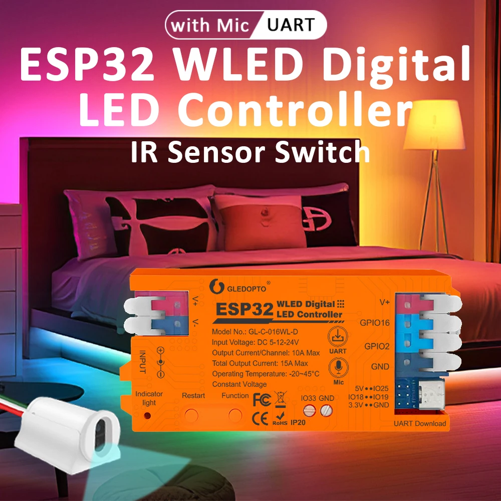 ESP32 WLED Digital LED Controller IR Sensor Switch RGBIC MIC DIY Mode UART Type-C Download Easy Wiring App Control Alexa Voice