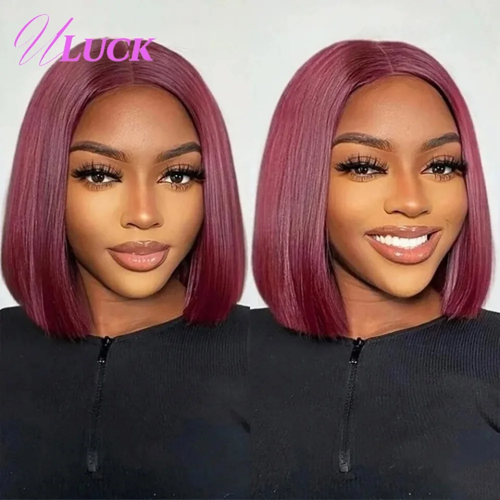 

Uluck Burgundy 99j Color Double Drawn Short Straight Bob Wig Remy Human Hair Wigs 200 Density 13x4 Lace Frontal Wigs Pre Plucked