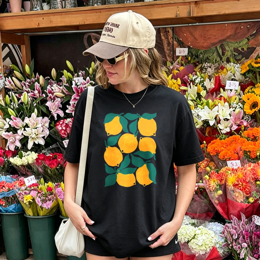 Hand Drawn Grid Multiple Yellow Lemon Leaf Art Graphic T Shirt Cotton Tee Minimalist Citrus Fruit Summer Casual Cottagecore Tops