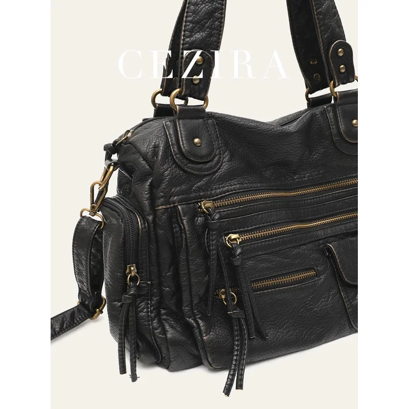 

Vintage Unisex Washed PU Vegan Leather Bag – Large Capacity Shoulder & Crossbody Handbag with Zip Pockets, Retro Casual Daily Tr