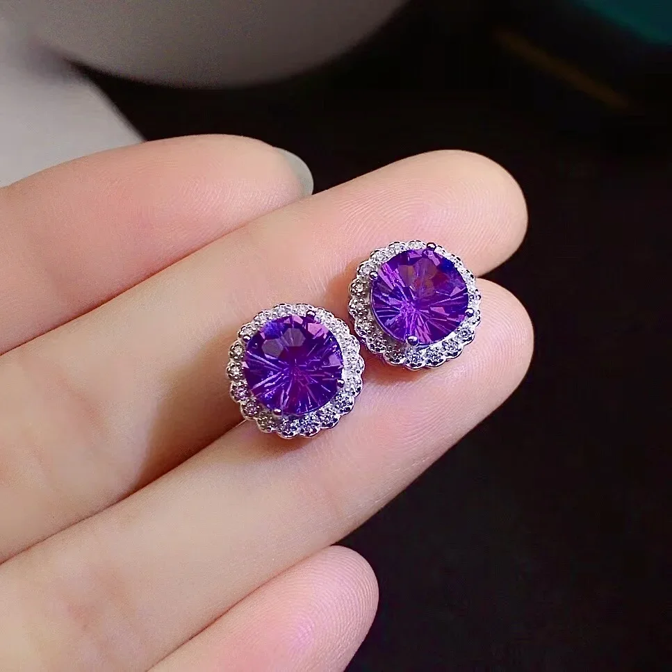 الكلاسيكية أقراط الكريستال للحزب 8 مللي متر VVS الصف الجمشت الطبيعي أقراط الصلبة 925 الفضة جمشت مجوهرات