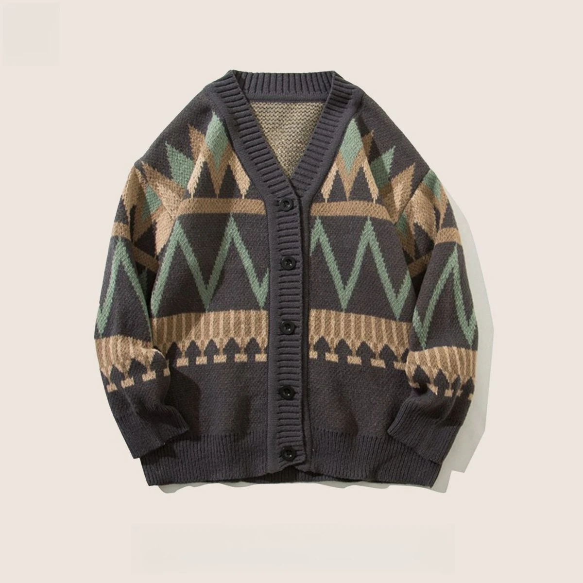 Men's Japanese Retro V-Neck Cardigan Sweater Loose Fit Ethnic Jacquard Knitwear Cozy Autumn Winter Lazy Style Outerwear