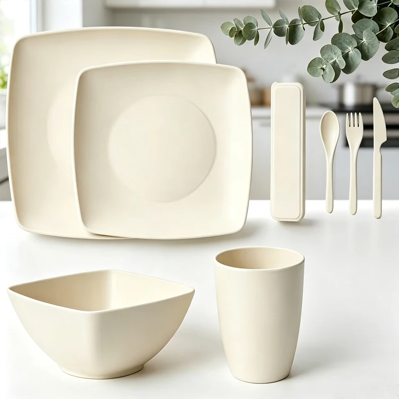7pcsSquare straw tableware set, environmentally friendly tableware that is not easy to break, used in family camping kitchens.