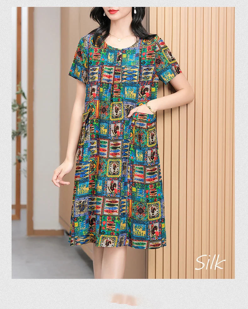 BirdTree-100%Real Silk Women Elegant Dress, Short Sleeve Geometry Print, Mom Fashion Casual Loose Dress, 2026 Spring D63280CC
