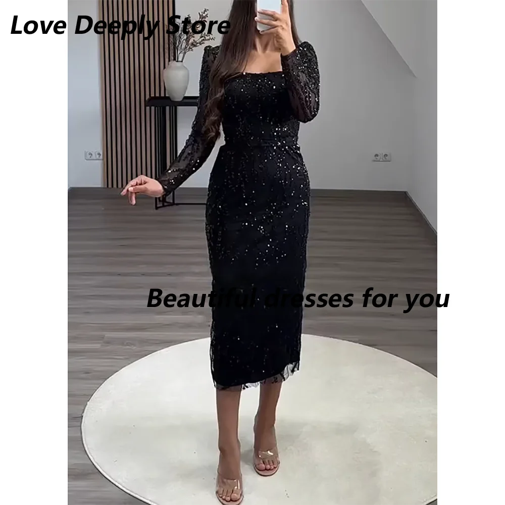 

Черное вечернее платье по индивидуальному заказу с квадратным вырезом и длинными рукавами, блестками и бусинами, платья-футляр/колонна для выпускного вечера, вечернее платье длиной до пола