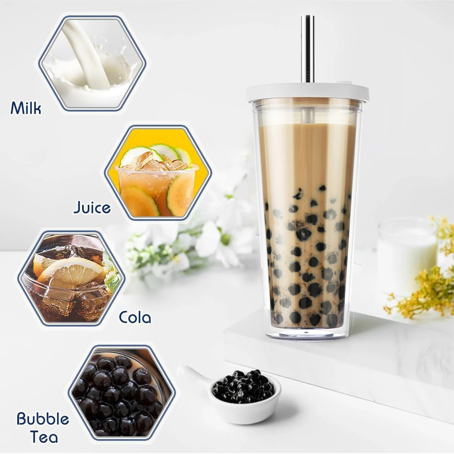 24 oz Iced Coffee Cup, Reusable Plastic Bubble Tea Cup, Double Wall Cup Cold Smoothie Cup Tumbler with Lid and Straws - White